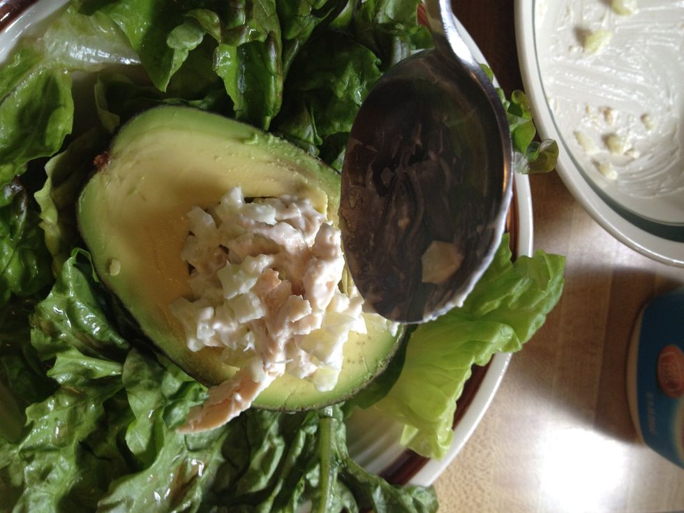 Scoop Chicken Salad into Avocado centers