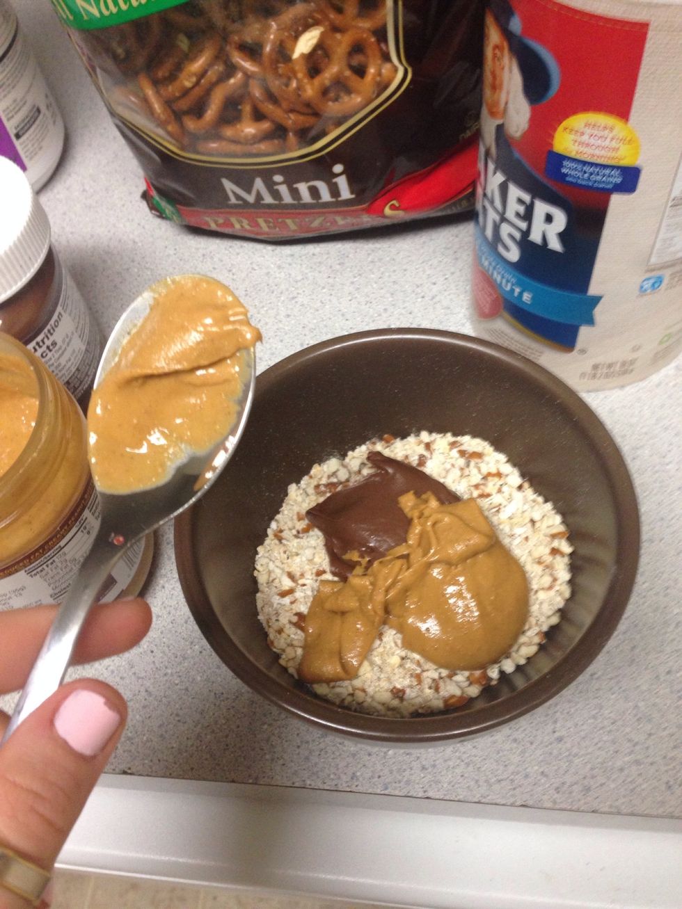 scoop in peanut butter & chocolate (if not using chocolate, double peanut butter)