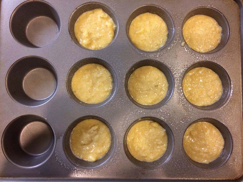 Scoop muffin mix into tray. I was able to get 9 muffins out of the batter