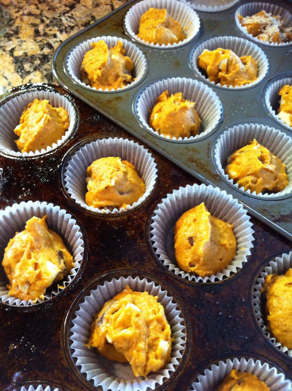 Scoop out 24 muffins. I also make a strudel topping: in the food processor blend 3/4 cup cold butter, 1Tb cinnamon, 2cups flour, 1 cup brown sugar and 1 cups oats