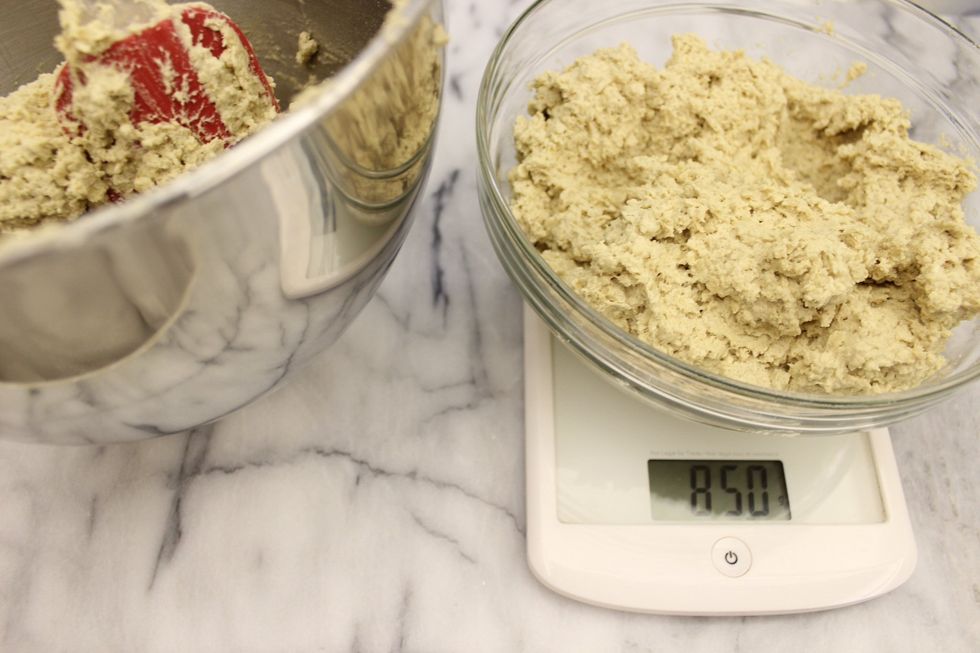 Scoop out half of the dough (about 850 grams). Set aside. This scooped out portion will be for the chocolate chip walnut raisin cookies.