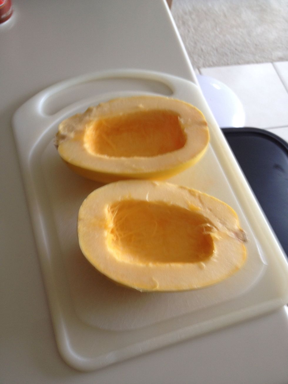 Scoop out the seeds and guts. Gut will be a darker in color than the meat. Tastes pretty bitter too. So get it all out.