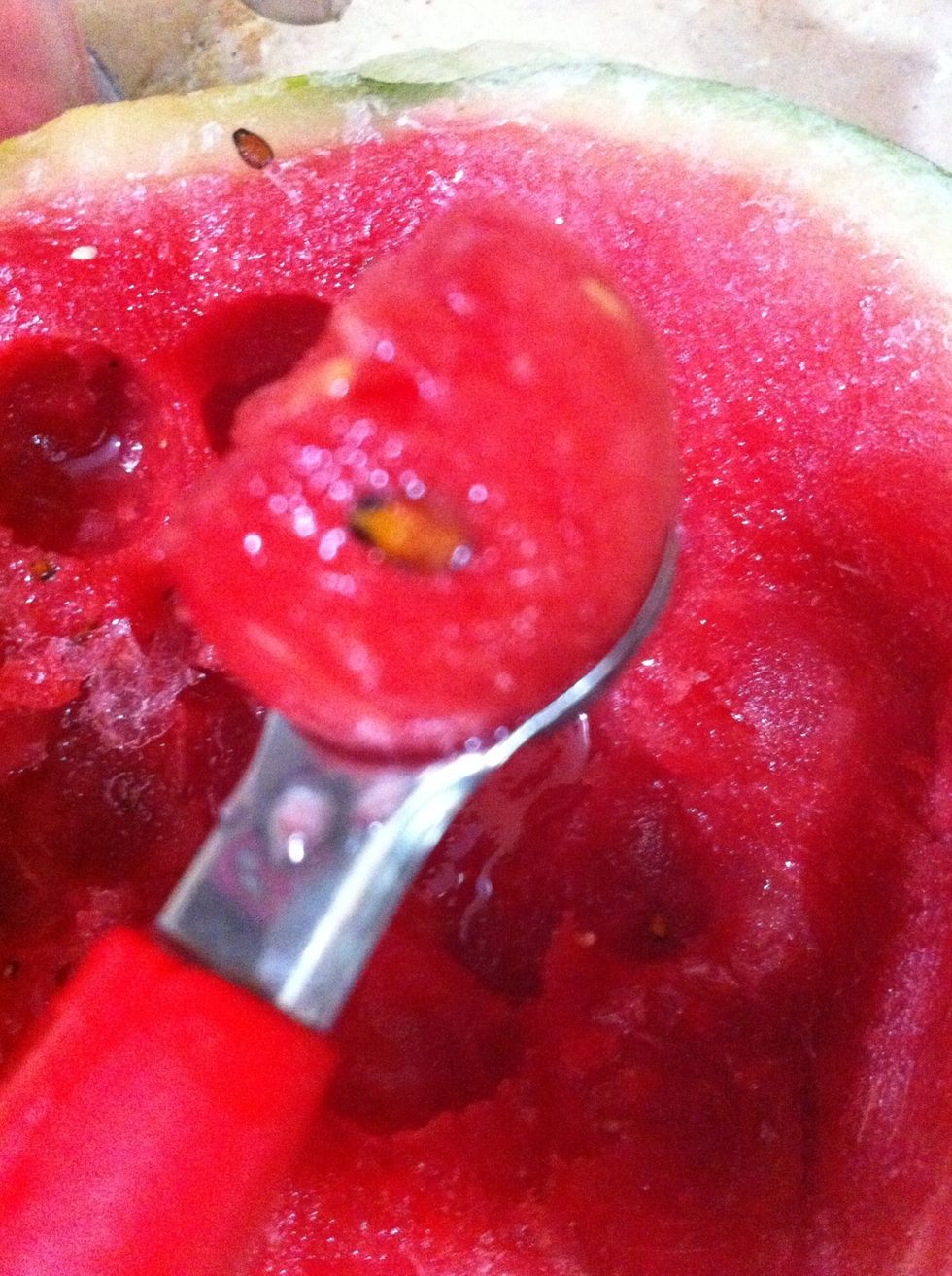 Scoop out with melon scoop and scrape off lighter flesh from the green rind of the watermelon too. The lighter green part & the rind is jam packed with vitamins and nutrients. More than the red flesh