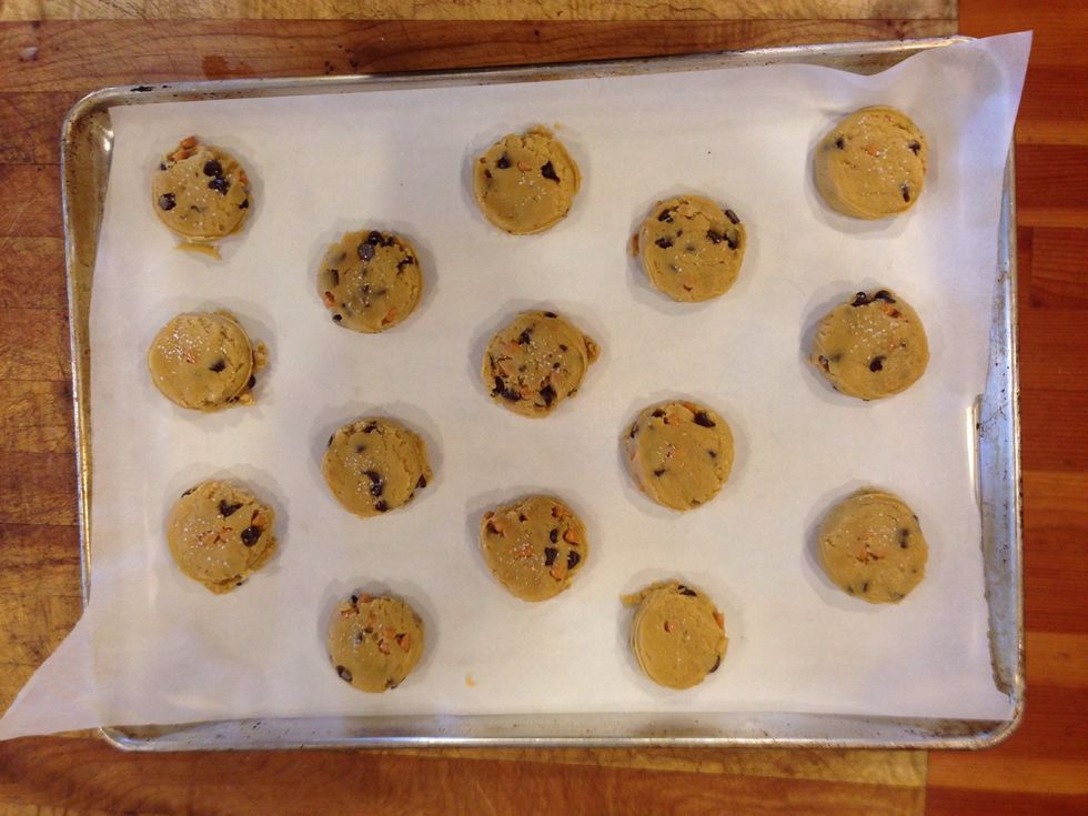 Scoop spoonfuls of dough (I use an ice cream scoop for this. It's so handy.) onto the cookie sheet and sprinkle with sea salt!