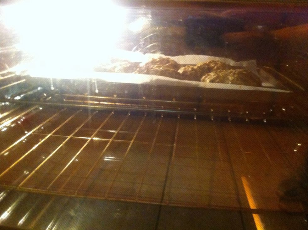 Scoop spoonfuls onto a tray, preferably on parchment to avoid a sticky situation, and put the cookies in the oven for about 10-13 minutes