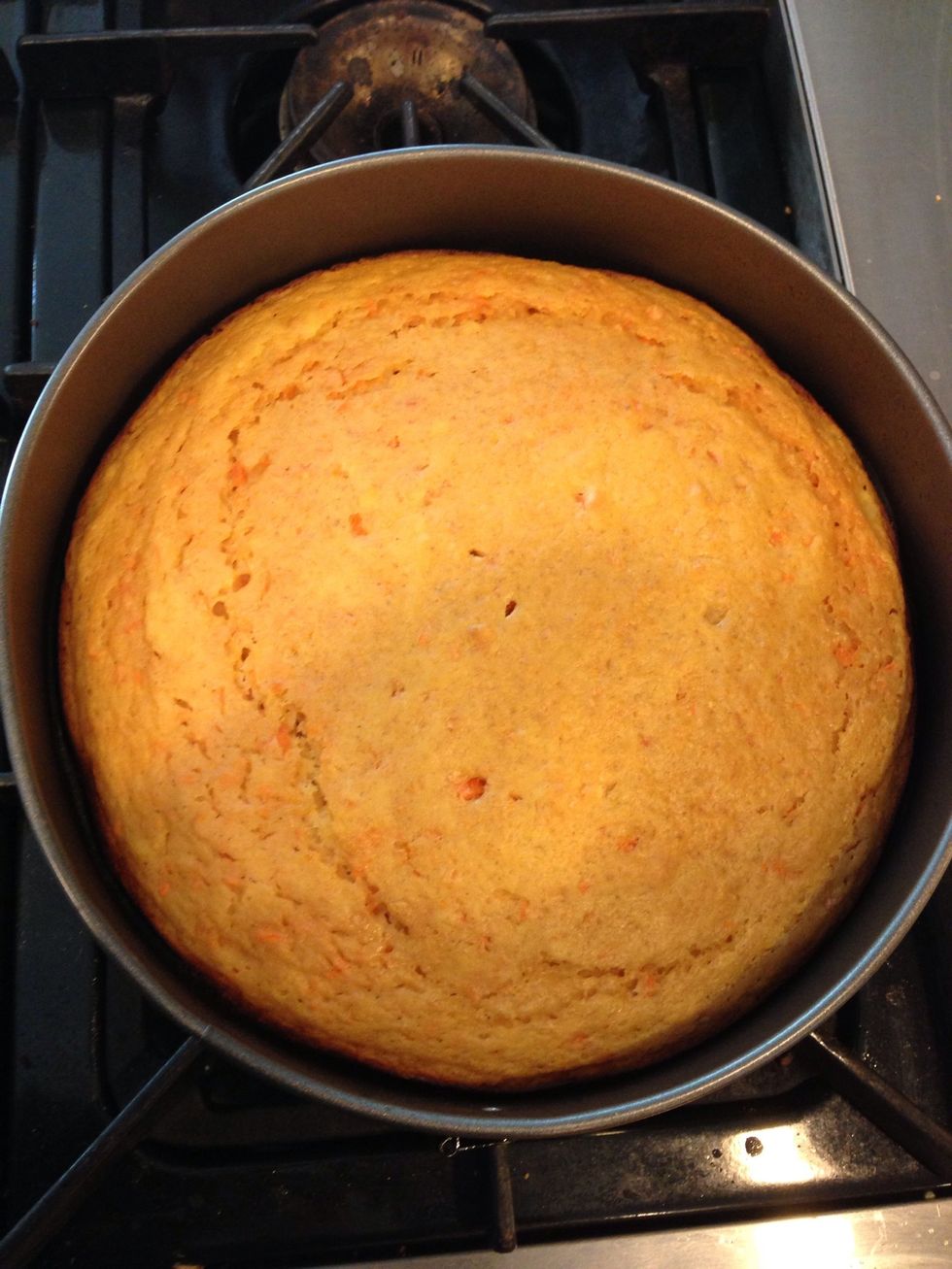 Scoop the batter into a springform pan (or a 9x13) and bake for about 45-50 min on 325. Cake is done, when toothpick inserted in center comes out clean!:)