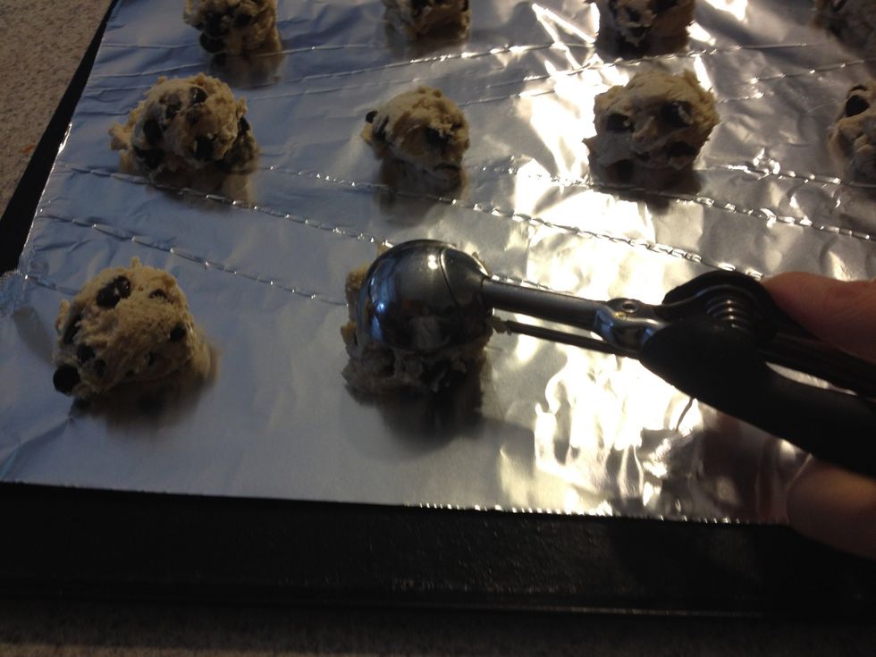 Scoop the dough onto foil lined cookie sheets. I like to use a cookie dough scoop. I like big cookies.