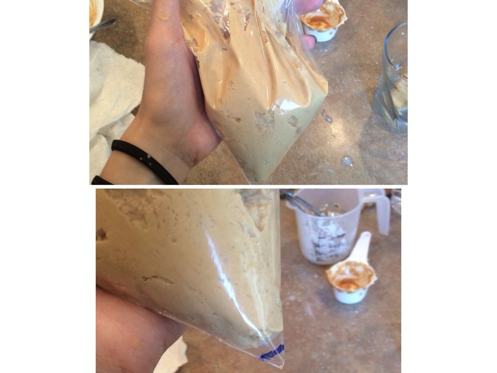 Scoop the frosting into a plastic bag and cut off a small end to pipe onto the muffins