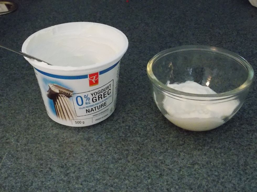 Scoop the Greek Yogurt into bowl. (Size of bowl and amount of yogurt depend on how much you want to make.)