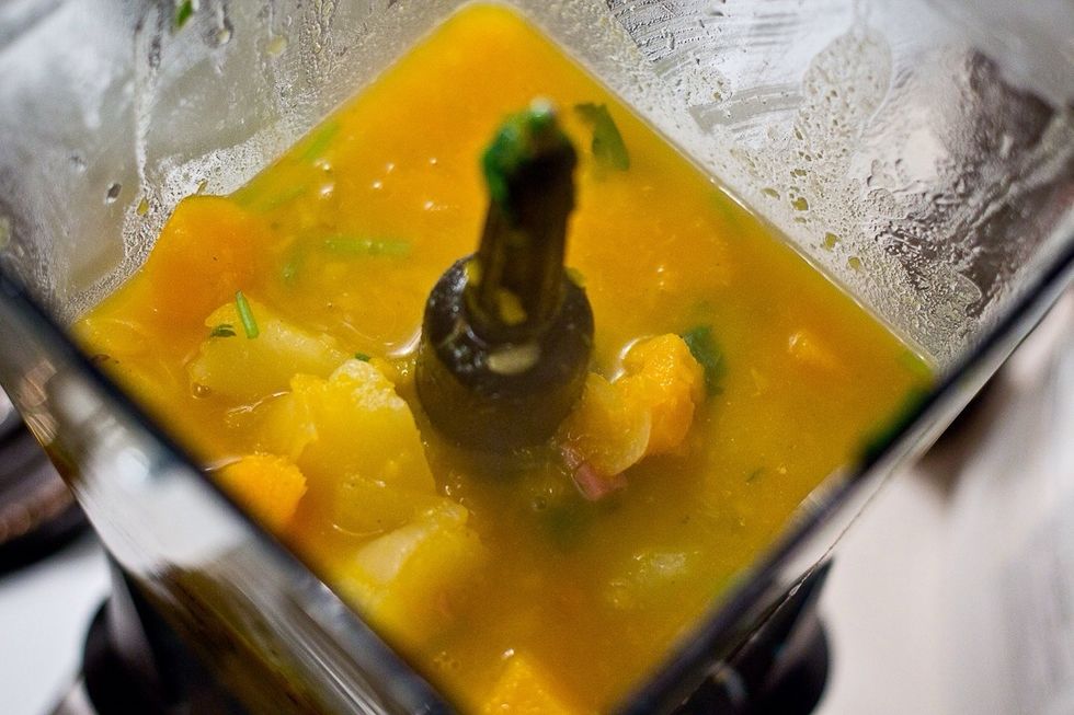 Scoop the soup into a blender. Make sure you get an equal amount of the broth and the solids. ( you can use a hand blender at this stage but I like the texture a blender creates )