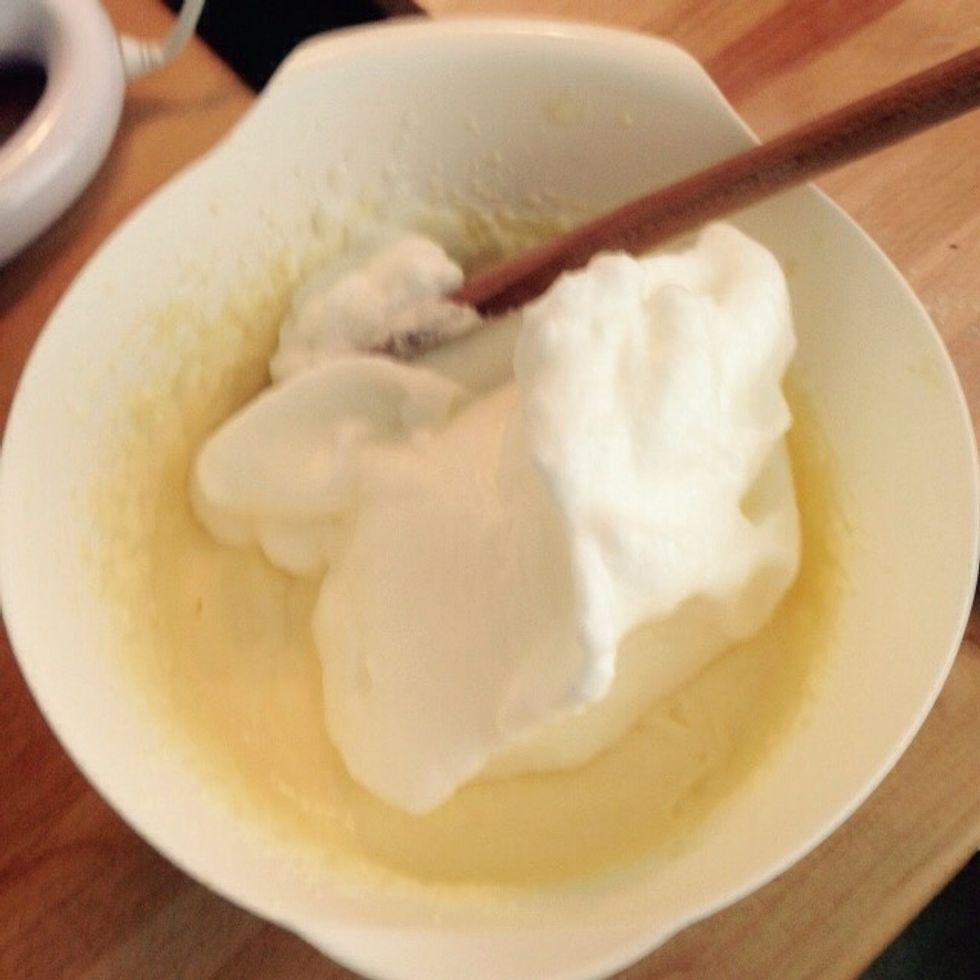 Scoop the whites in and mix everything with a spoon from top to bottom