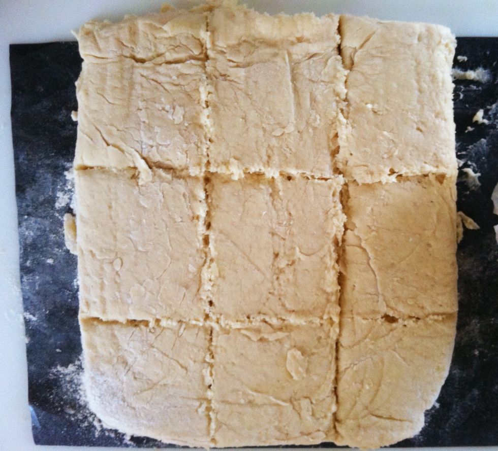 Score into squares or wedges, depending on shape of dough. Do not cut through. Bake for about 20 minutes.