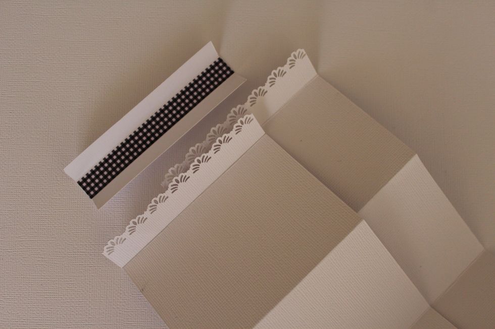 Score the 4" x 12" pieces at 2 3/4" - 5 1/2" - 8 1/4" and 11" to create an accordion. Decor the 1" side with a border punch. Score the 4" x 1 1/2" piece at 1/2" and 1" and decor with washi tape.