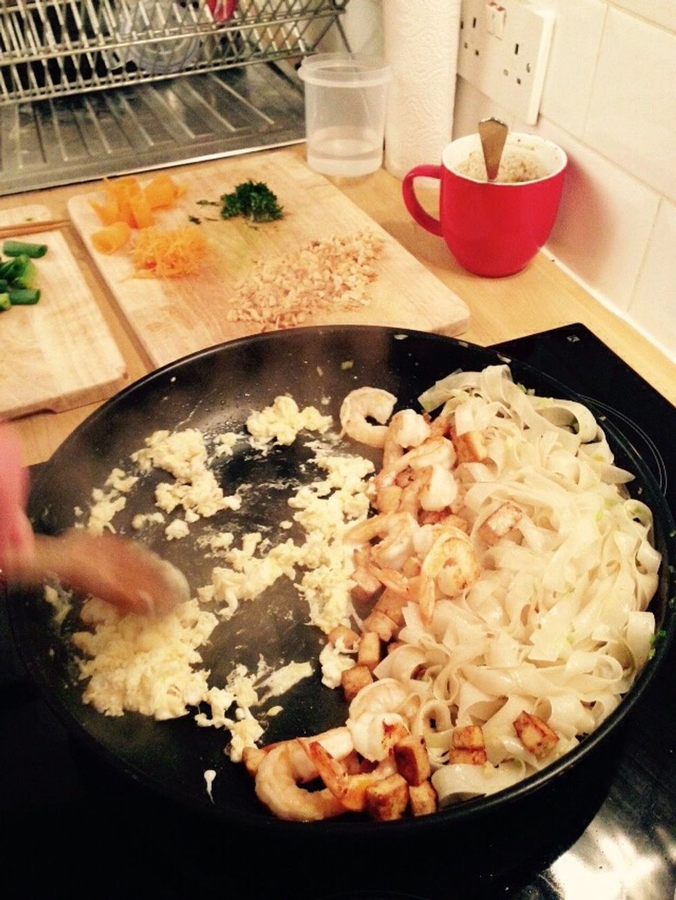 Scramble them quickly, then when cooked mix everything together and saut\u00e9.