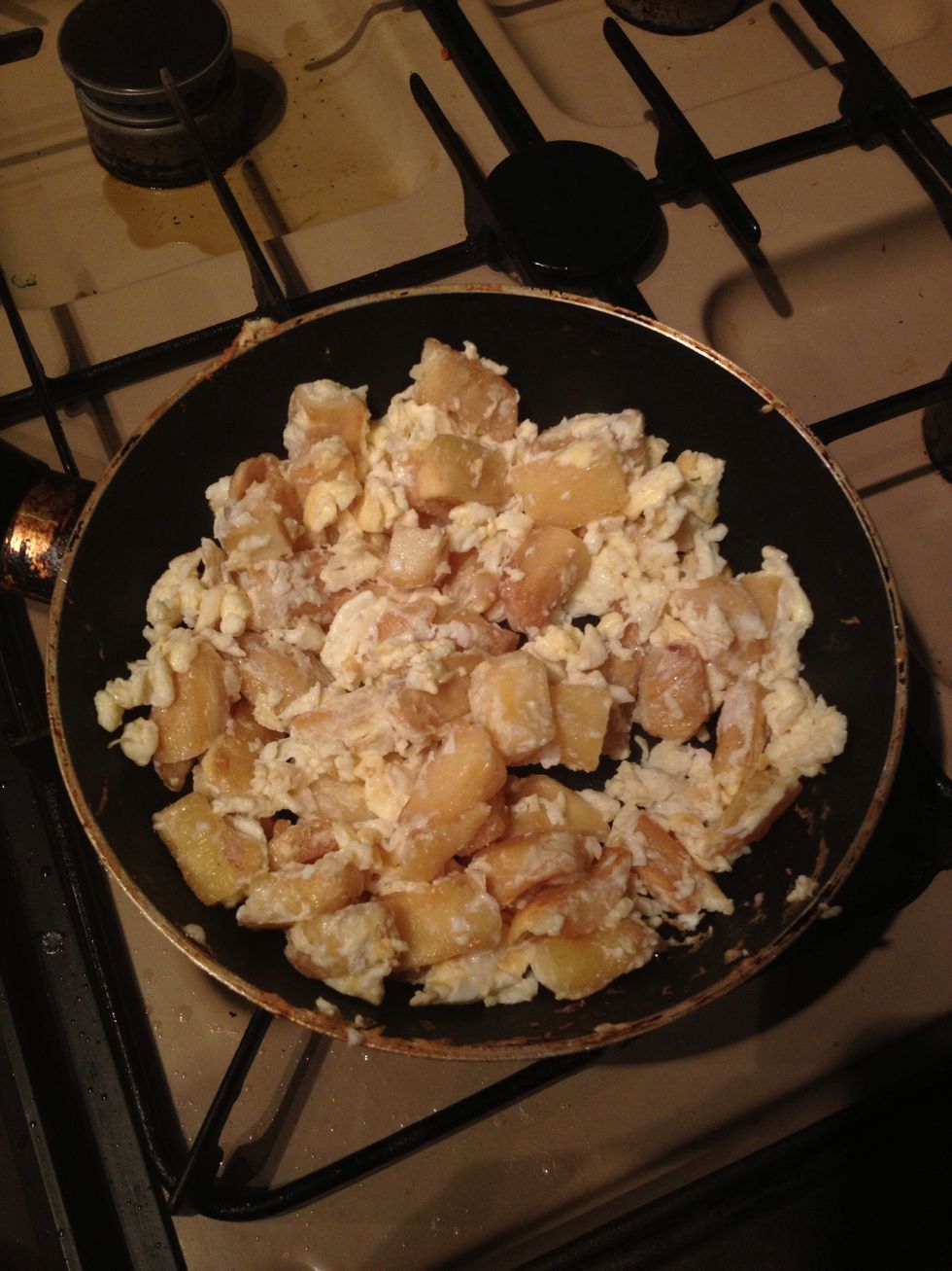 Scramble together and keep stirring until the egg is cooked to a nice fluffy consistency