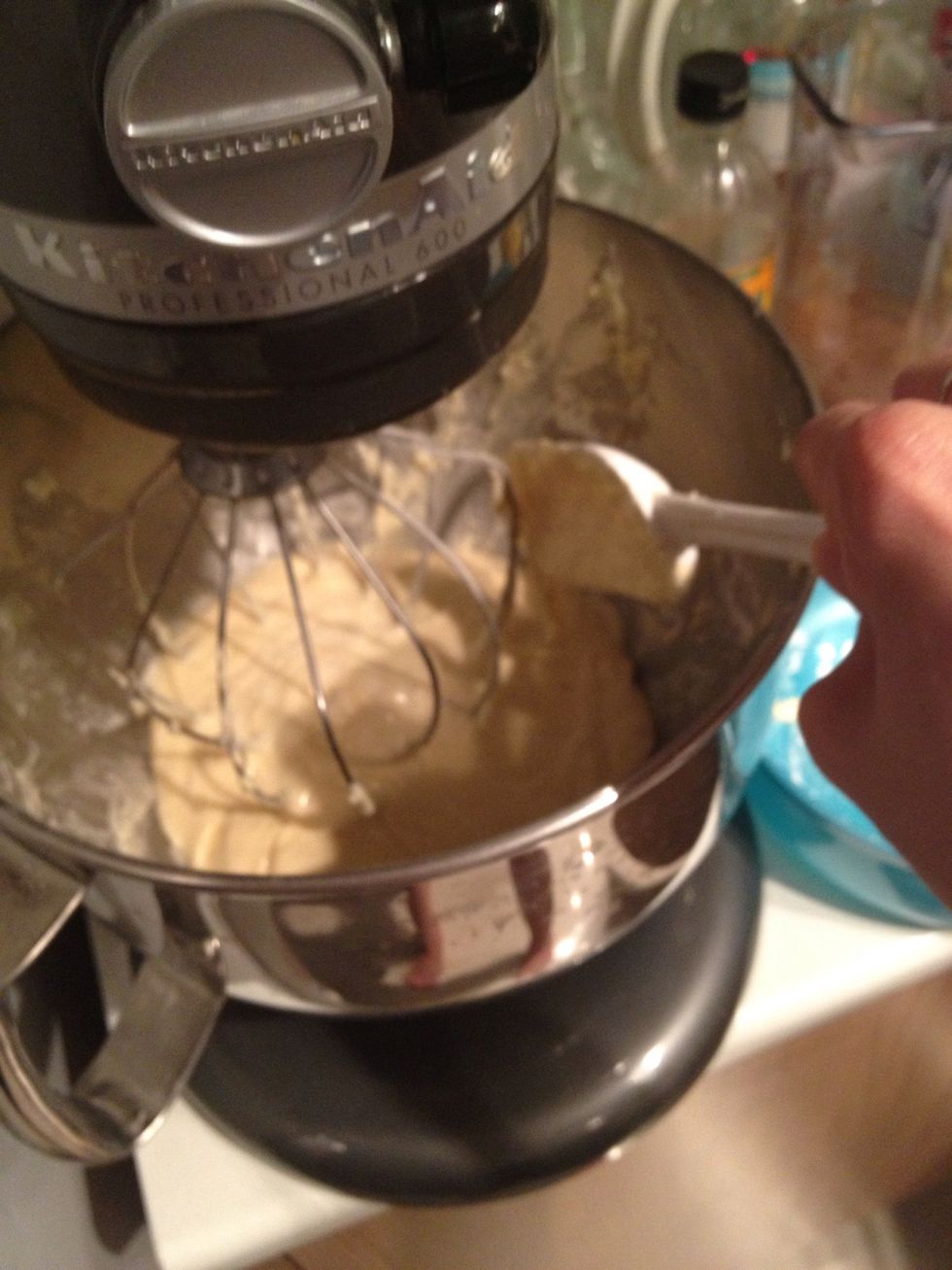 Scrape down the side. Don't over do this. Time is crucial in egg based batter.