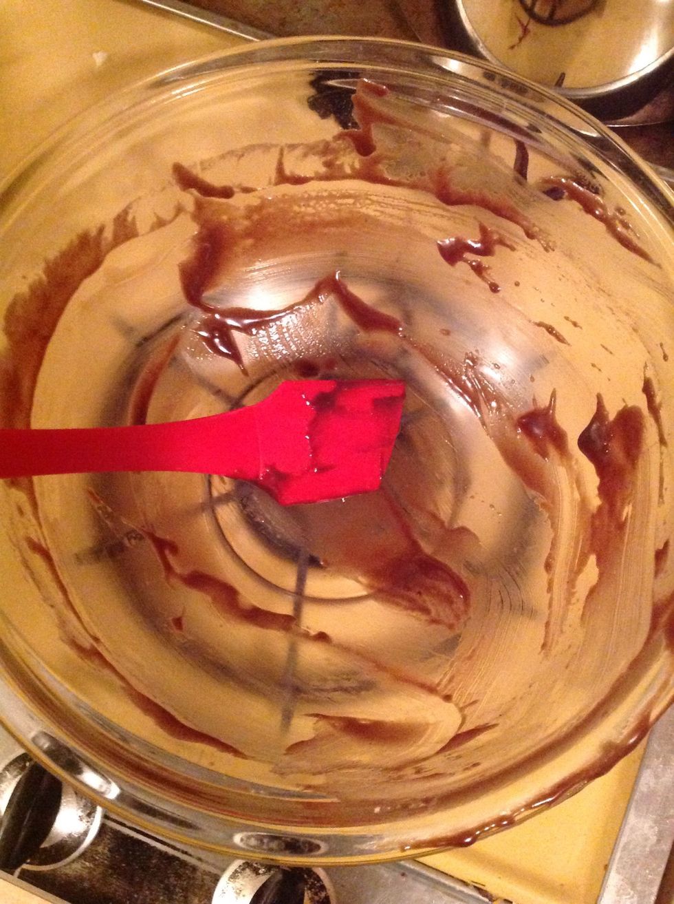 Scrape mix into greased Pyrex with spatula. You will need to hold the bowl in one hand and use the spatula with your dominate hand. The bowl will be heavier than you think, ask for help if needed.