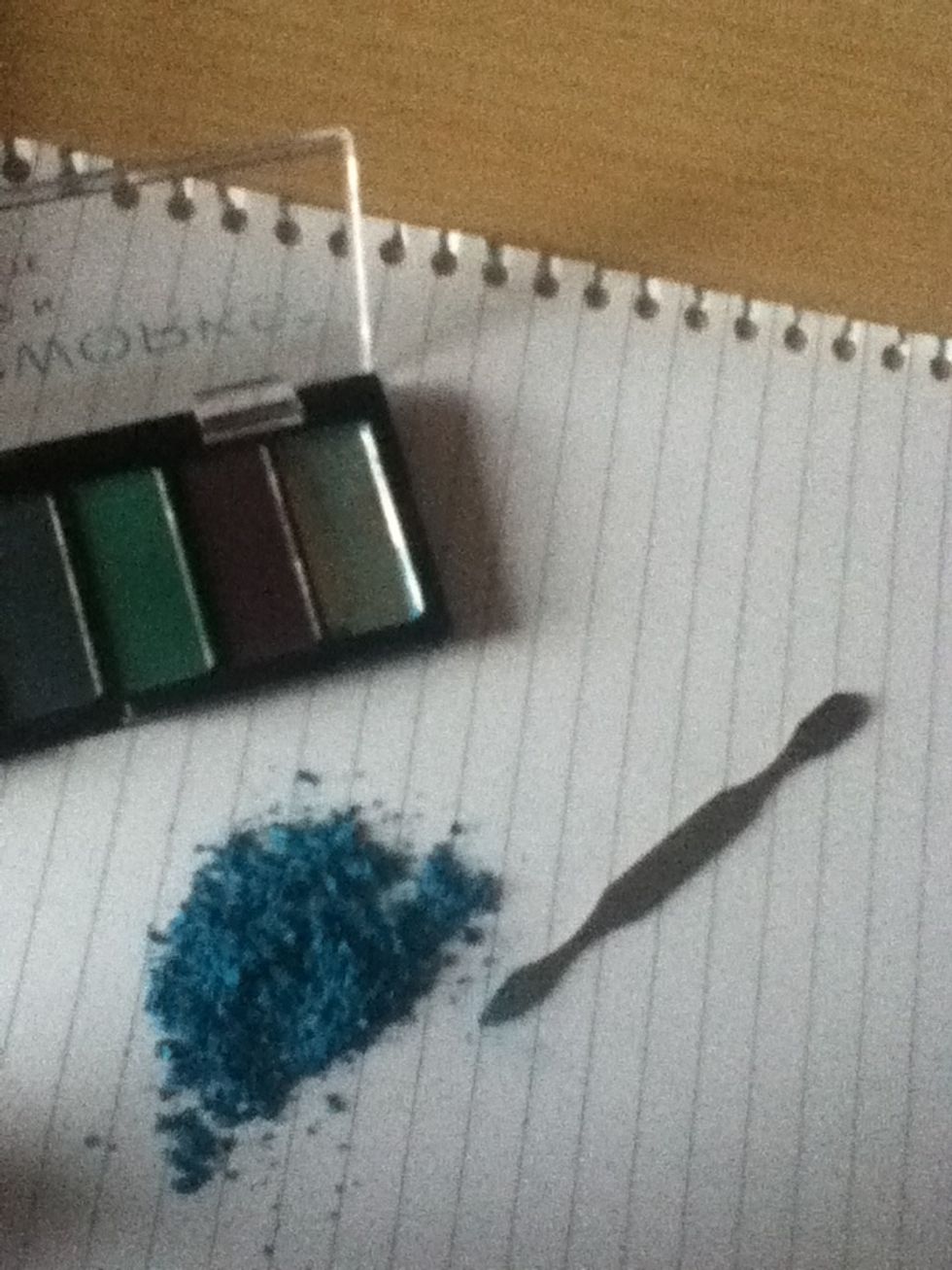 Scrape out the eye shadow colour onto the paper and cut up/ mash so that there are no big clumps