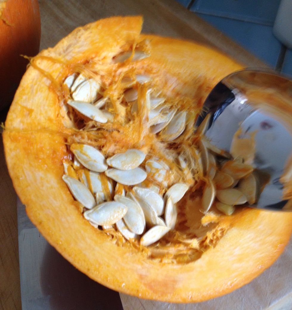 Scrape out the seeds and stringy pulp. Save the seeds for roasting \u2013 see my other guide on how to roast pumpkin seeds.