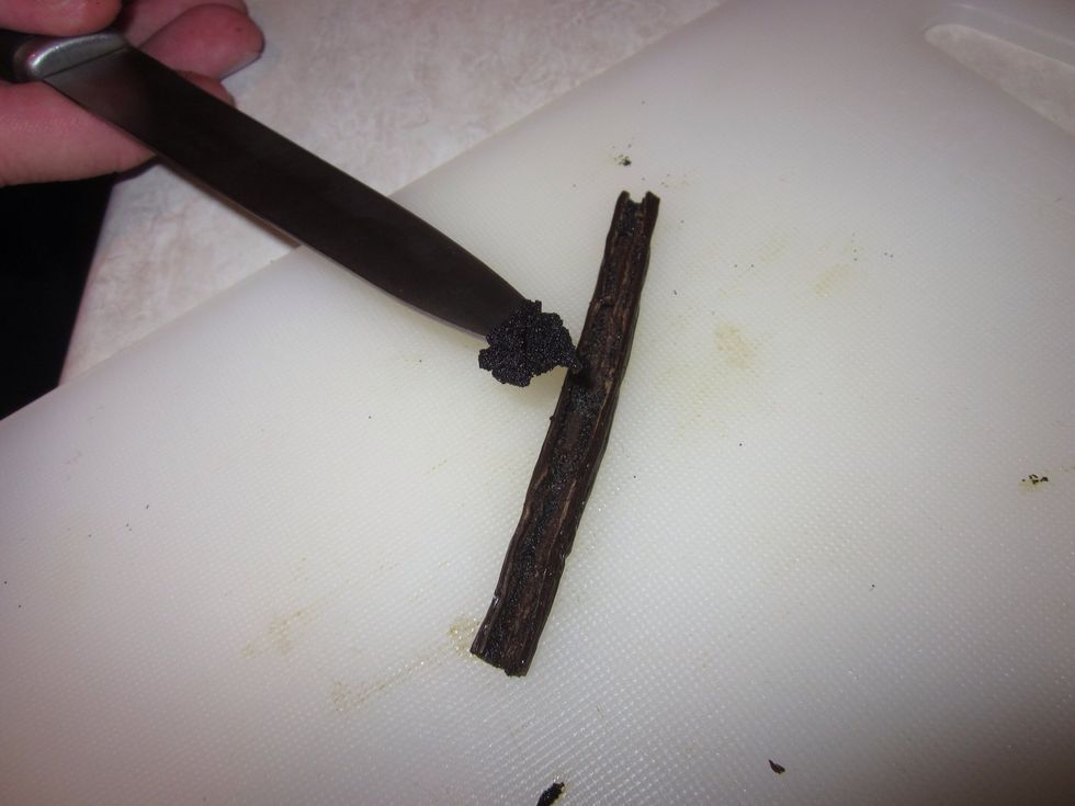 Scrape the beans out of the pod. Do it exactly as I show because there is no other way to do things because I am the best at everything. Ok I'm kidding, find a way that works for you.