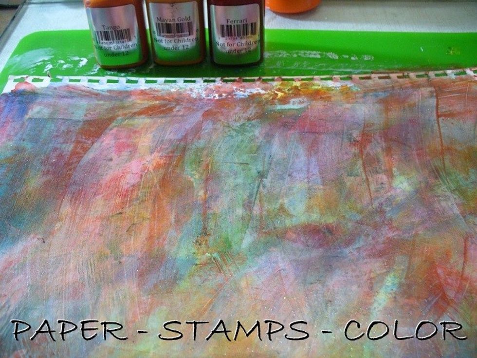 Scrape the Tango Velvet, Mayan Gold Velvet and Ferrari Sorbet onto the background.  Leave to dry properly.