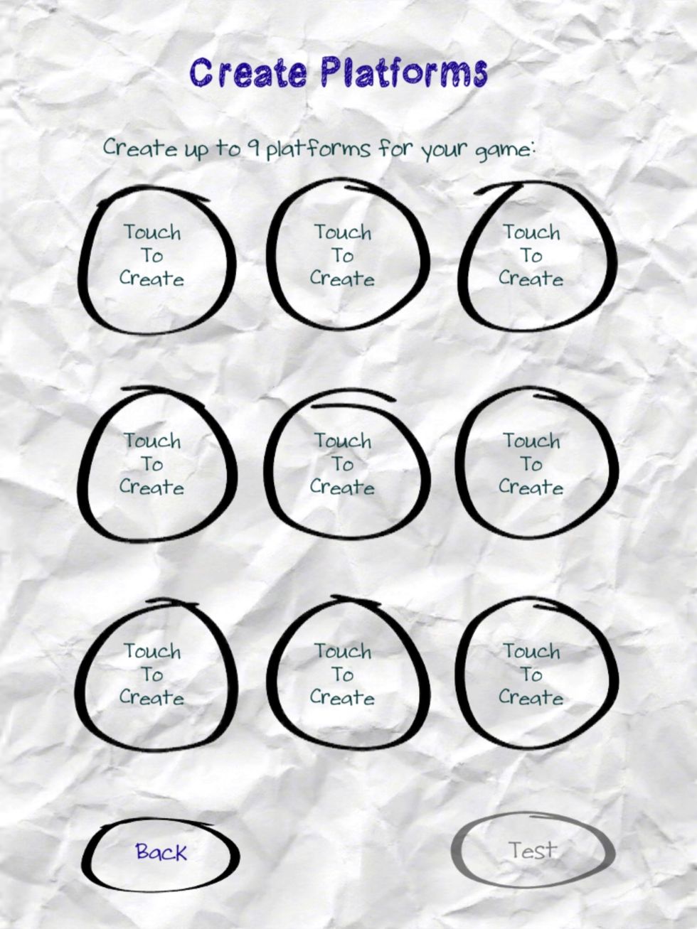 Screen interface for creating platforms, power ups and enemies. You can make up to 9 by drawing, getting images from Google etc. Note: To sell game, make sure your pictures are all ORIGINAL.
