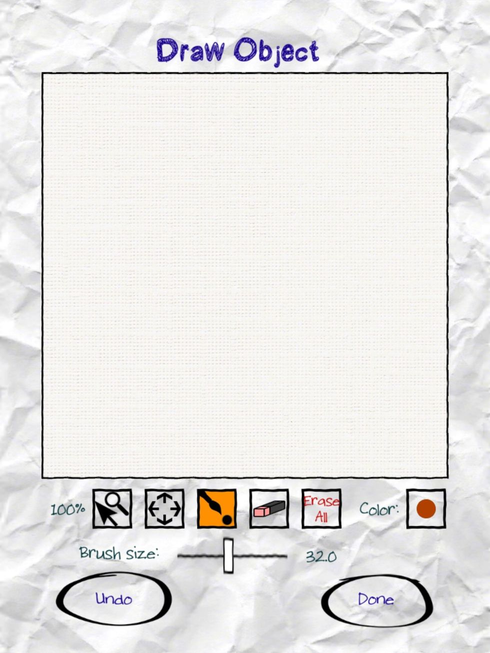 Screen interface for Drawing a player, power up and background. The tools are built in - color, pen, erase, undo. When done drawing, tap done then accept image.
