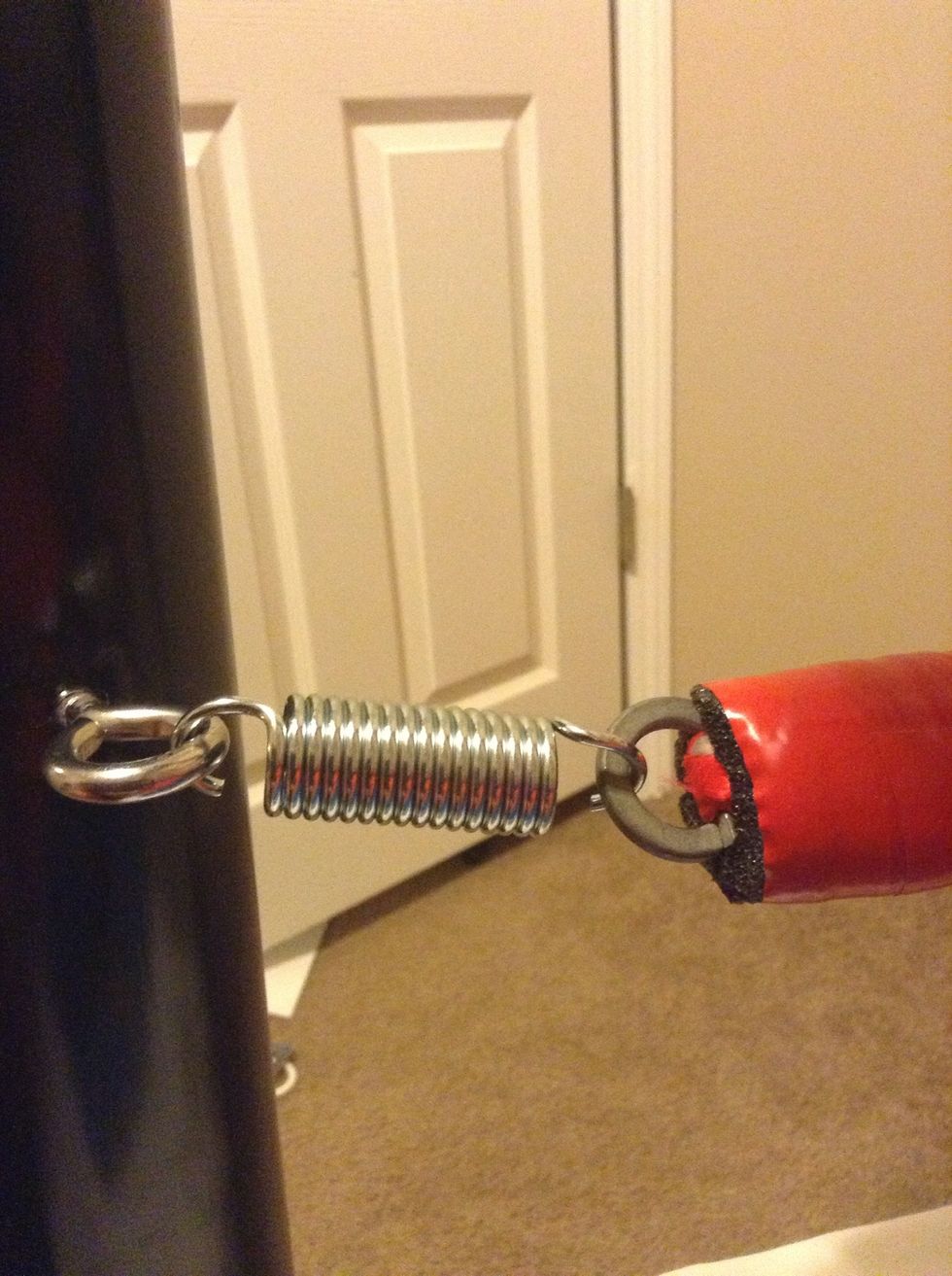 Screw eye bolts in all the holes drilled Before. I used small springs (turnbuckles were too long for a twin bed) & hooked them to the eyebolt. Add a metal ring on the other end to run the rope through
