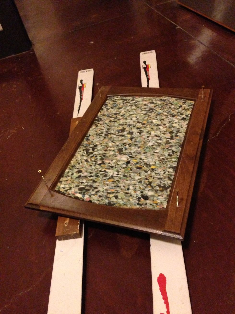 Screws ready to be sunk once we line up the cupboard on the skis.