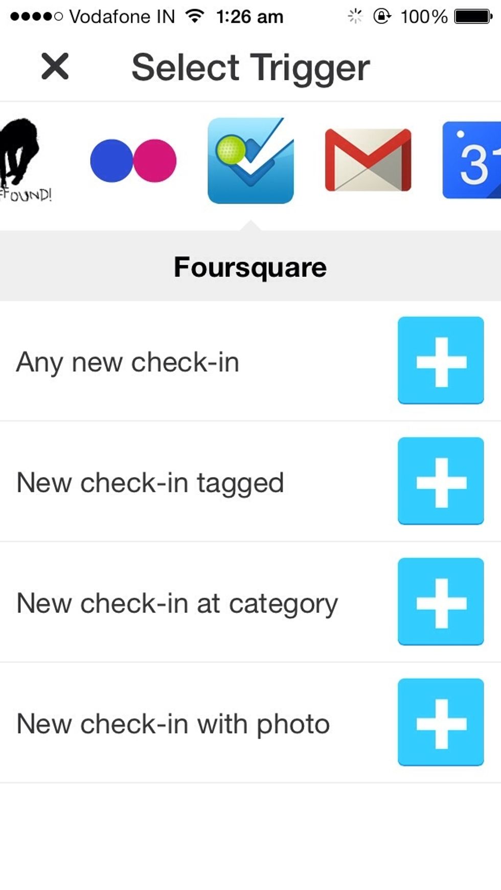 Scroll and search for the foursquare icon and when it's menu gets loaded, choose the Any new check-in option (or any other option which you think will be apt for you)