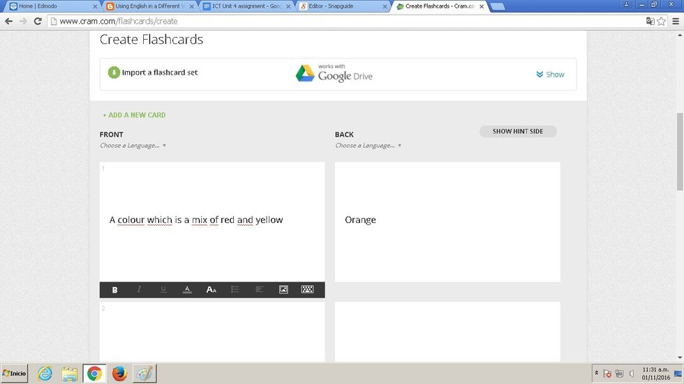Scroll down and start writing your flashcards. You can add images, edit the font, underline, etc. Write the front side and then the back side. Write as many as you wish!
