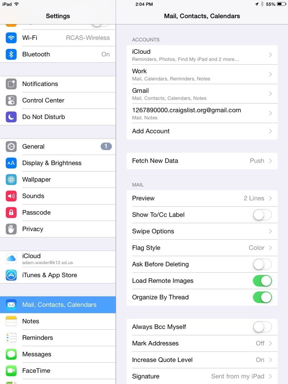 Scroll down and tap "Mail, Contacts and Calendars." Then tap on the account that you would like to disconnect. For the purpose of this tutorial we will use "Work" which is an exchange type email.