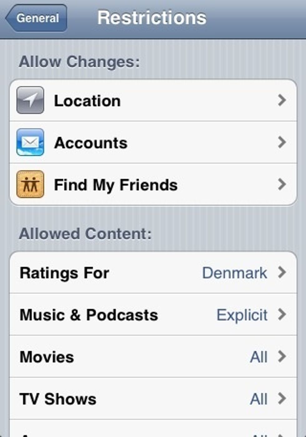 Scroll down the list of restrictions until you find \u2018Allow Changes\u2019 and open Location.