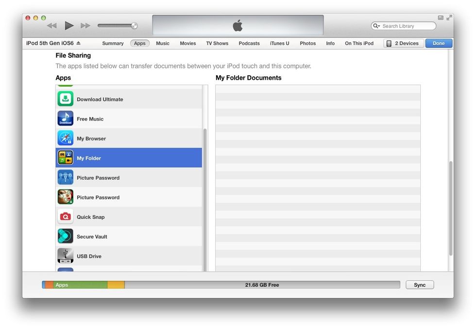 Scroll down the page and look for the 'File Sharing' sub-heading. You'll see a list of all the Apps you have that support file transfer from your Mac/PC. Click on 'My Secret Folder'.