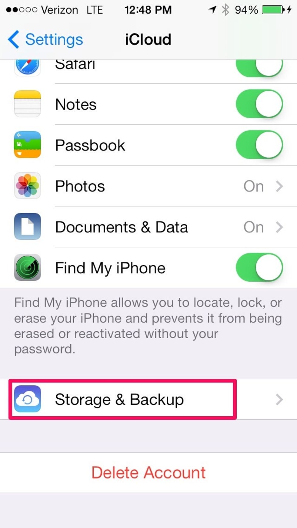 Scroll down to bottom and choose storage and backup.