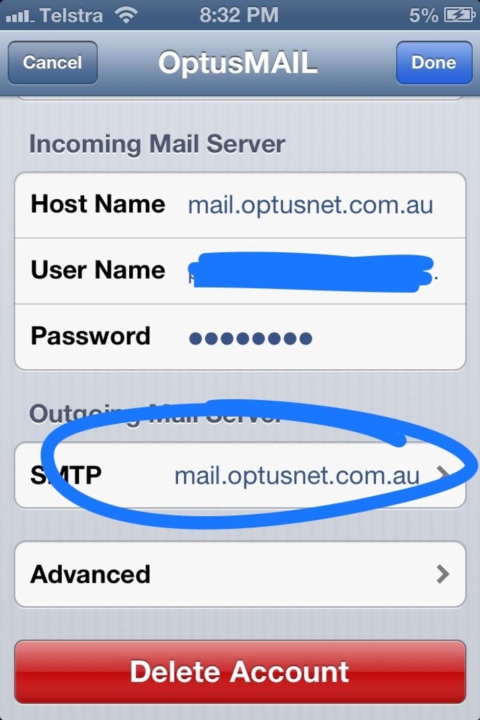 Scroll down to outgoing mail server then tap on the SMTP box