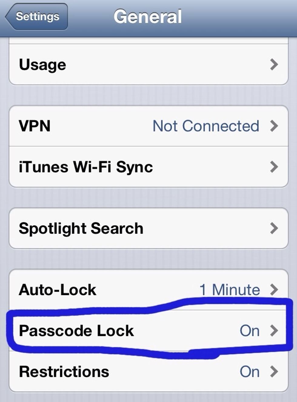 Scroll down until you find passcode lock