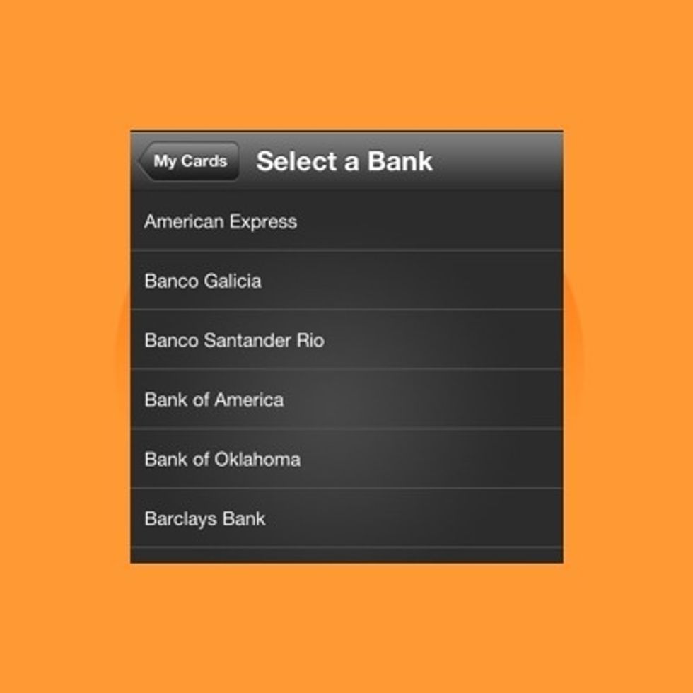 Scroll thru the "Select a Bank" screen to find the bank that issues your credit card.