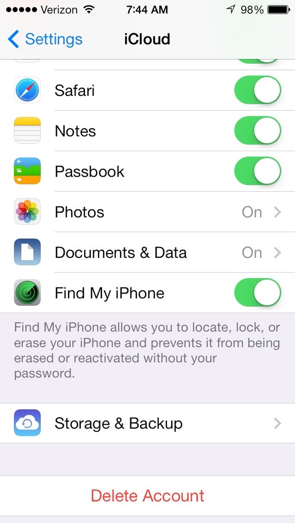 Scroll to bottom and choose storage and backup.