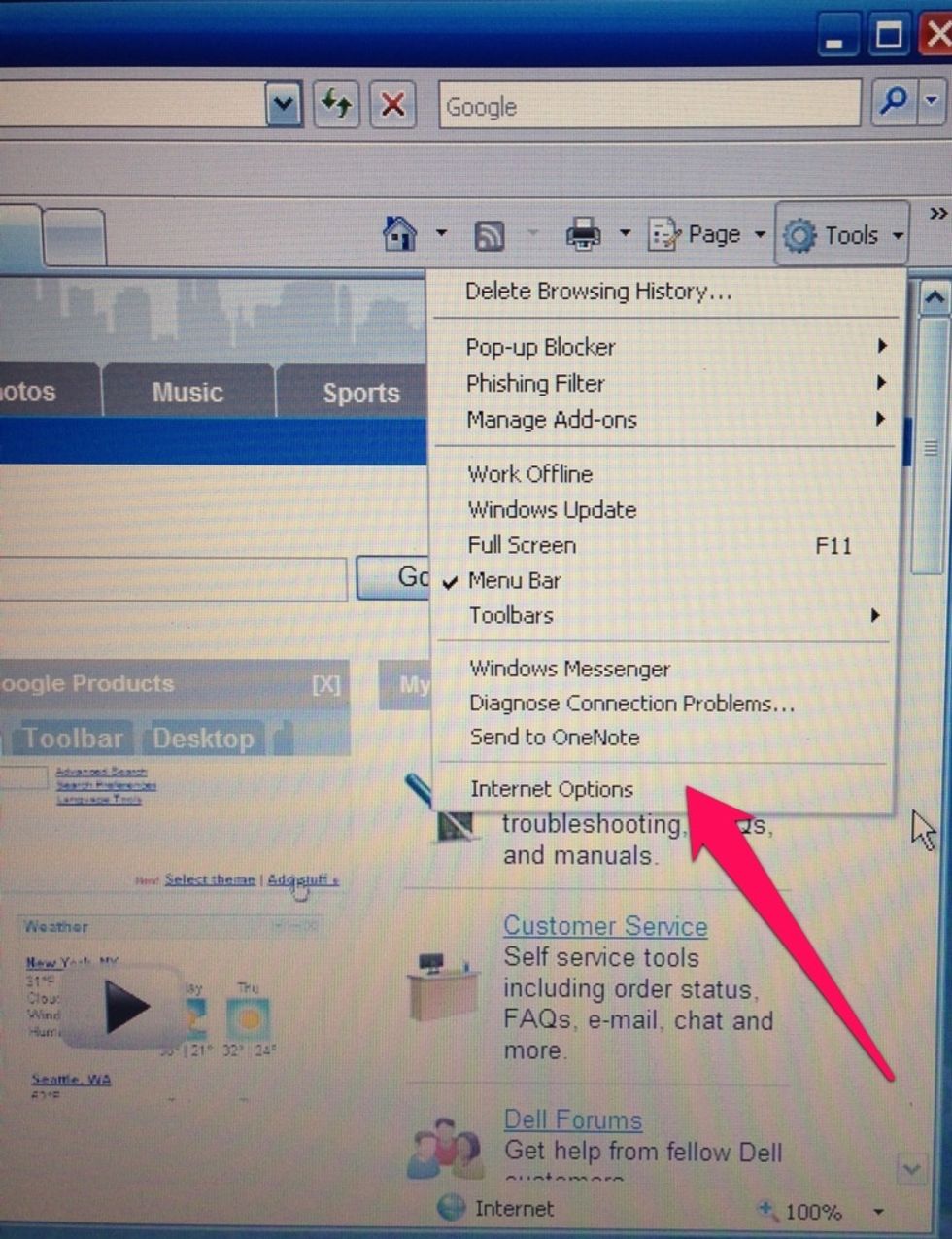 Scroll to the bottom of the pop-up window and click Internet options