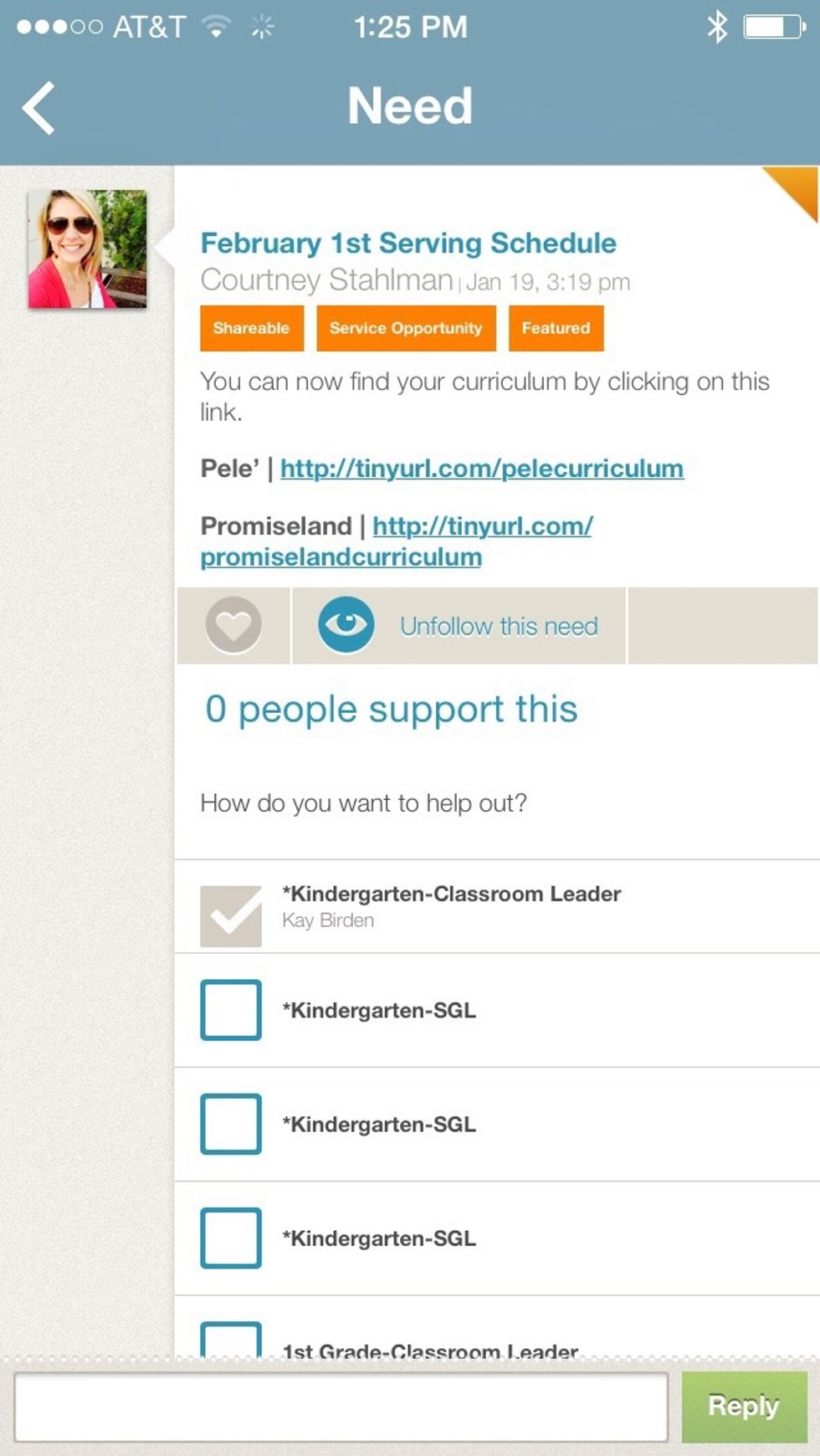 Scroll up to the post where it says the DATE & SERVING SCHEDULE. You will see two links. Tap the LINK listed by Pele' if you work with preschool OR tap the link next to Promiseland for K-5