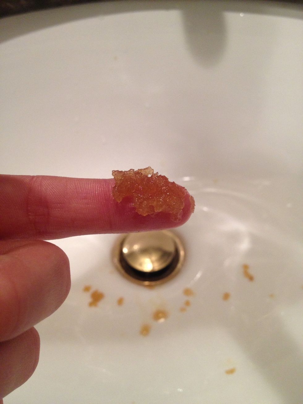 Scrub away! Lean over the sink (excess will drop), and use finger to scrub small amounts into lips. Longer you scrub- softer your lips!