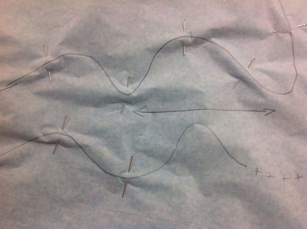 Se till att tr\u00e5driktningspilen ligger rakt p\u00e5 tyget.