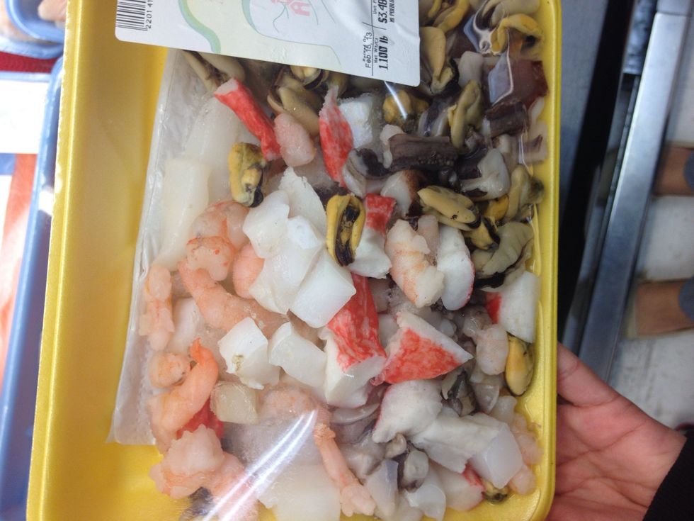 Seafood mix. I get this at a super Mexican store.This includes shrimp, Scallops, lobster, calamari, clams.
