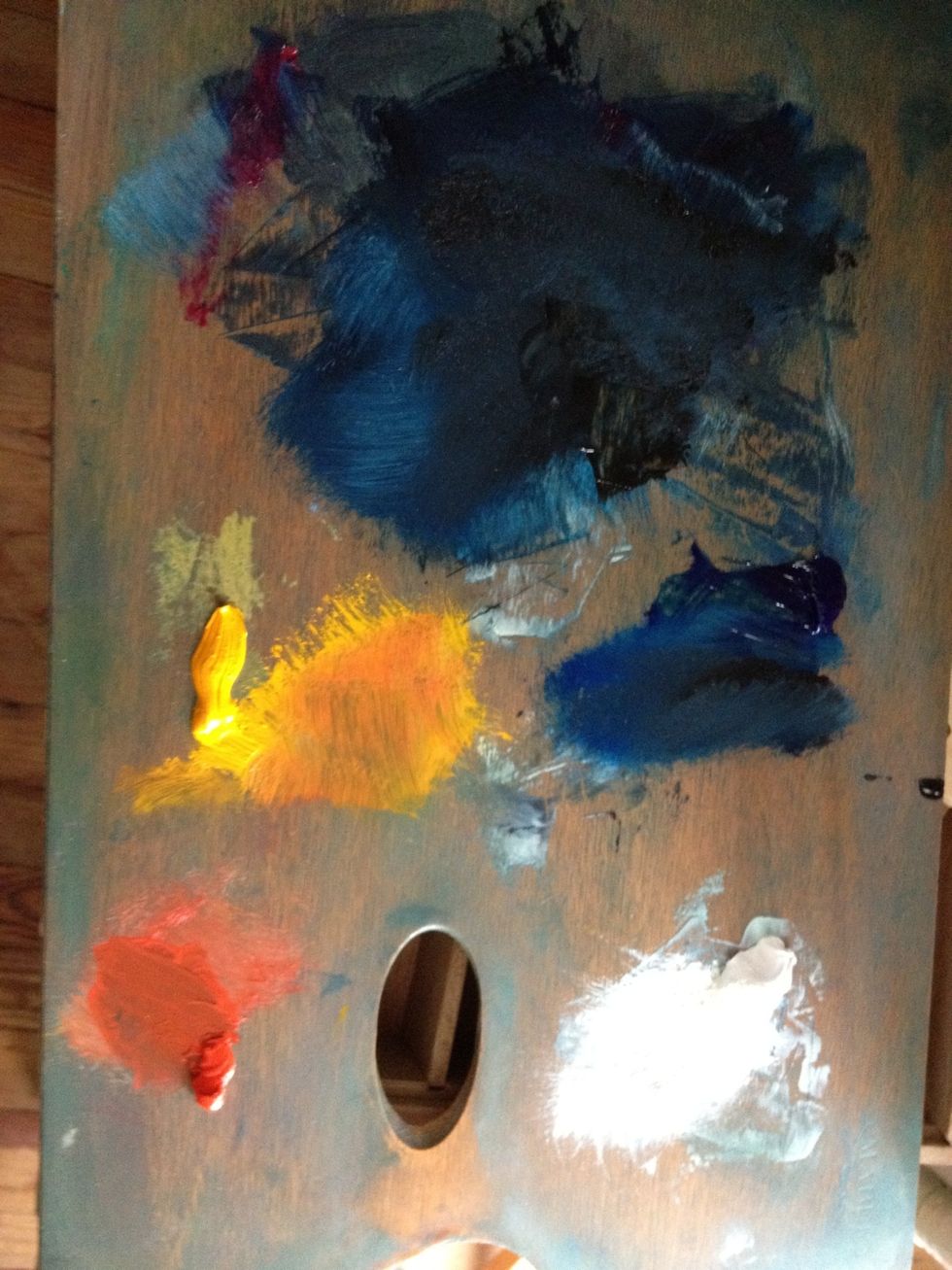 Seagull At Sunset takes white, yellow, red, crimson, blue, and black. HINT: use paint sparingly and in layers. This photo is afterwards so you can see how a little paint goes a long way.