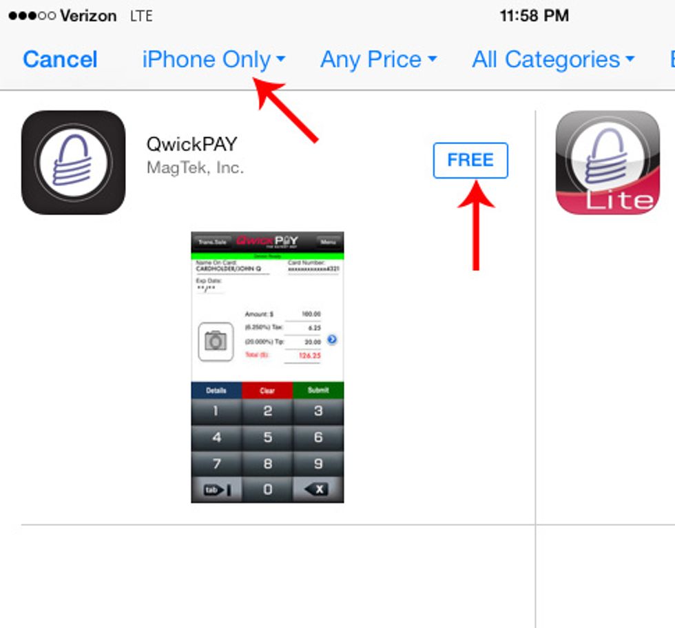 Search for QwickPAY. \u00a0It will not find any results but, changing the "iPad only" option at the top to "iPhone only" will produce two results. \u00a0Install the full version, not the lite.