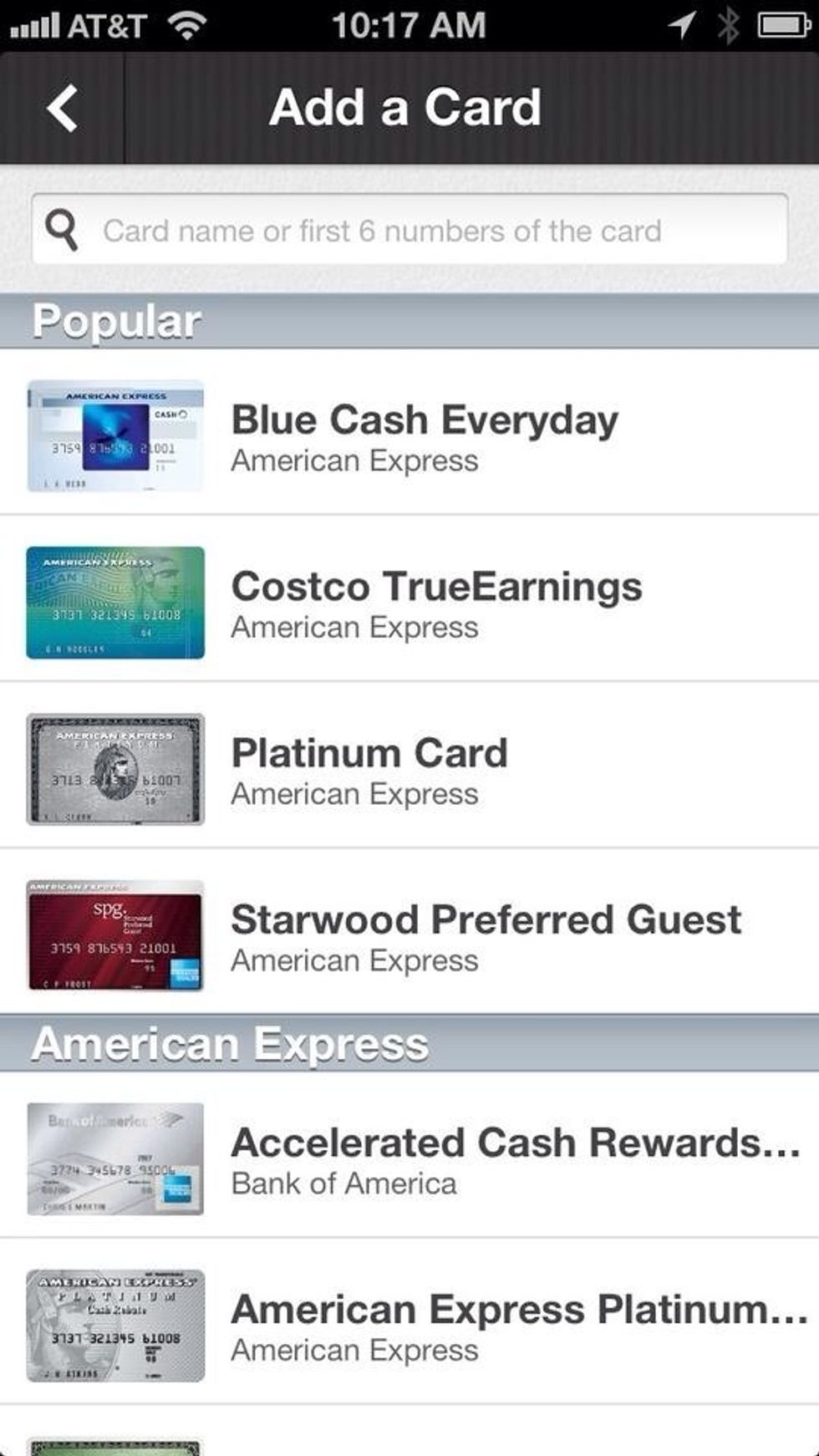 Search or browse for your credit cards to add them to your wallet.