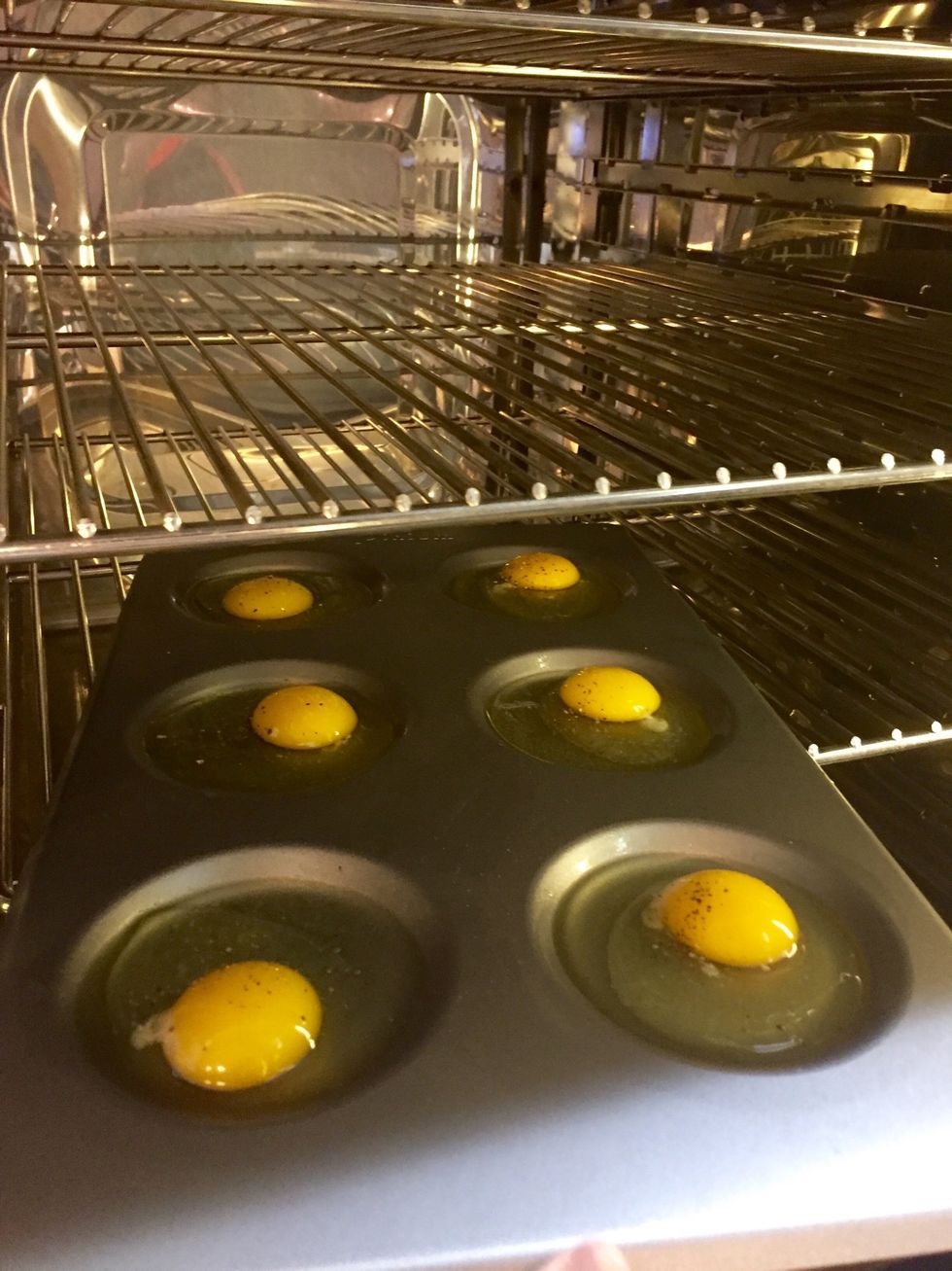 Season eggs and load into the oven.