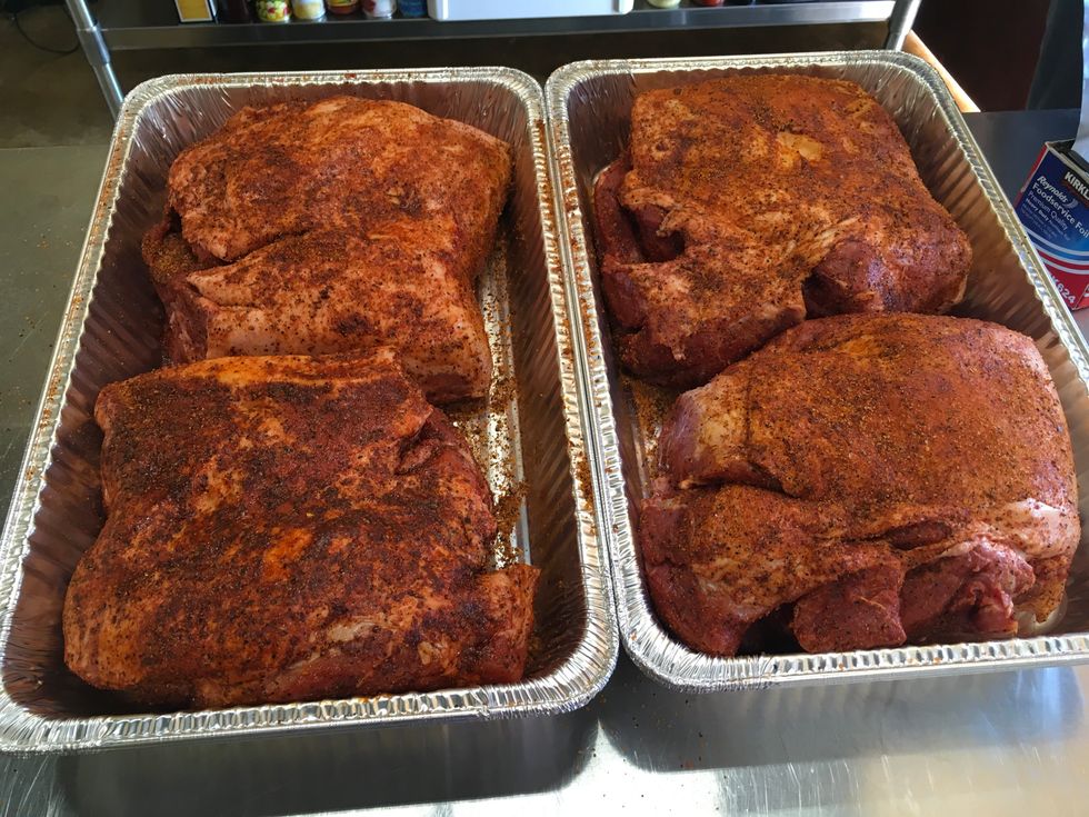 Season pork with a rub of your choice. Chef Wade's rub featured in picture.
