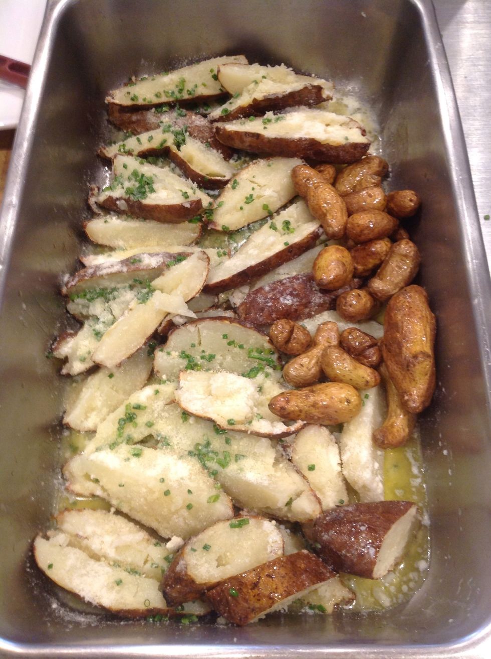 Season Potatoes with clarified butter, kosher salt, and chopped chives Serve immediately Enjoy